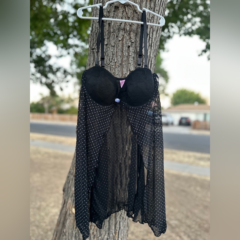 Black Polka Dot Split Front Lingerie Dress Y2K - Picture 2 of 5